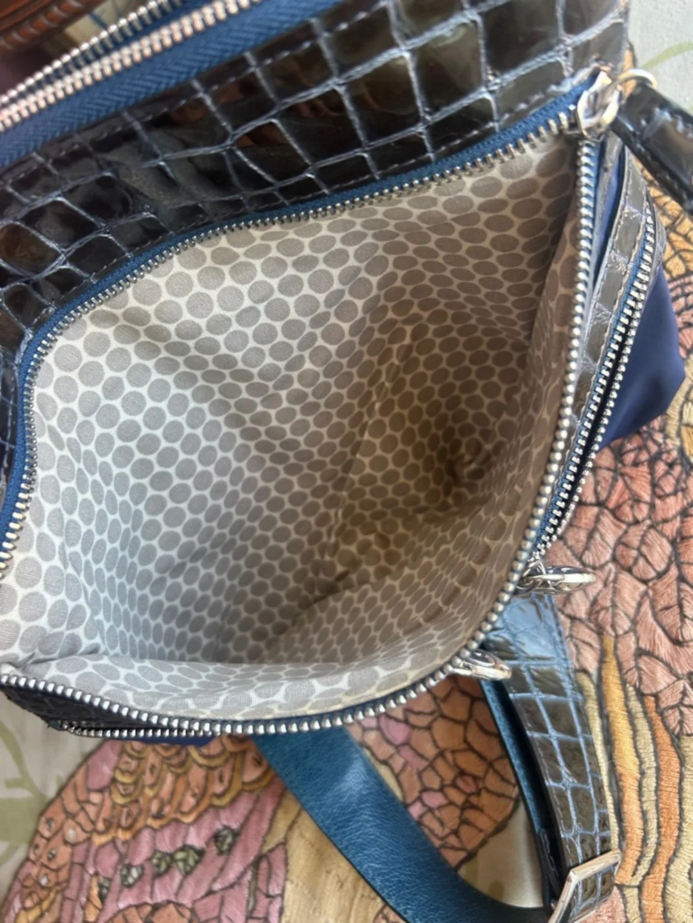 Brighton Navy Nylon Crossbody Bag with Croc Pattern Leather Trim
